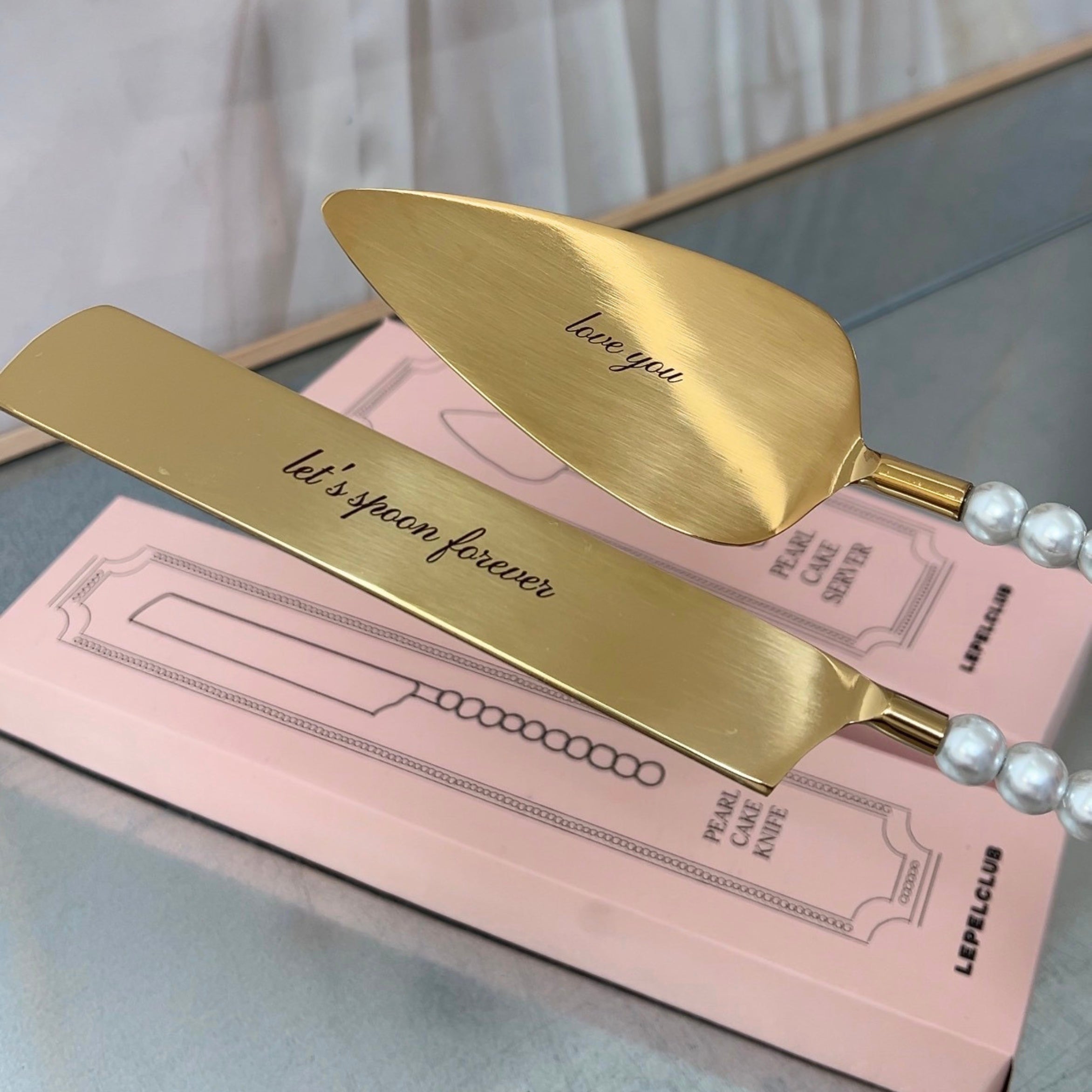 Engraved Pearl Cake Knife and Server